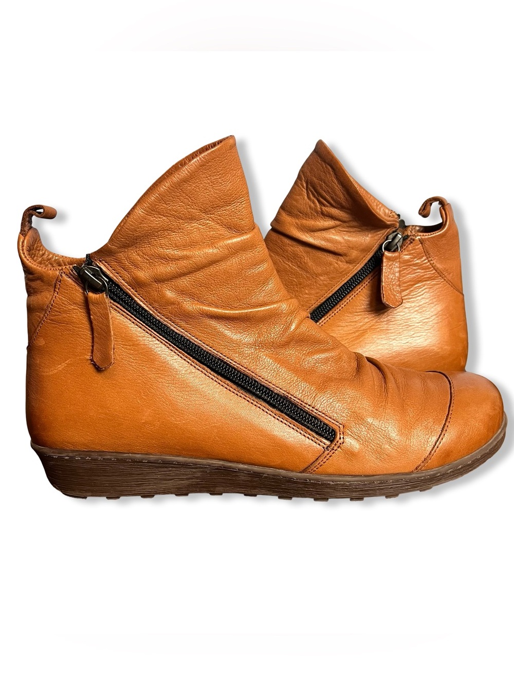 Anesha Womens Tan Leather Wedge Ankle Boots Zip Up Booties Sz 41 Made In Turkey